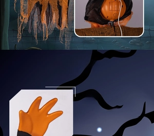 Detail of Halloween pumpkin ghost with battery compartment and orange fabric textures