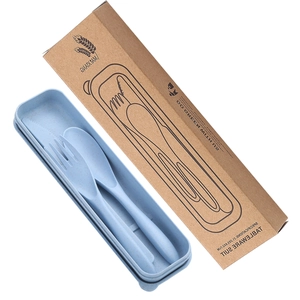 Blue eco-friendly wheat straw cutlery set with fork, spoon, knife in a portable travel case