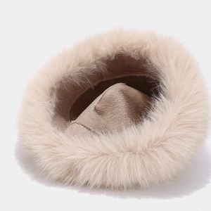 Plush faux fur bucket hat in beige with thick suede crown and warm thermal lining