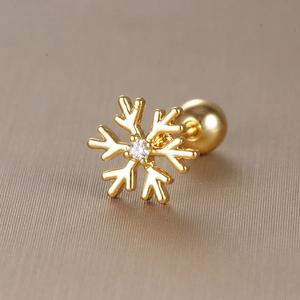 Golden snowflake earring with cubic zirconia and screw-back ball shown from a 45-degree angle