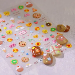 3D embossed nail stickers featuring colorful biscuit, rainbow and heart patterns