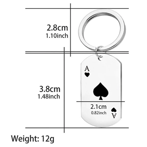 Polished stainless steel ace of spades dog tag keychain with size dimensions shown