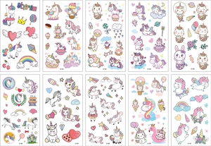 Detailed grid showing ten unicorn and cat cartoon temporary tattoo sheets for kids