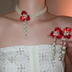 Vintage Double Layer Imitation Artificial Pearl Necklace And Tassel Earrings With Red Flower Rhinestone Silver Earring Post Women