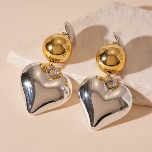 Exaggerated contrast metallic geometric heart drop earrings in gold and silver finish