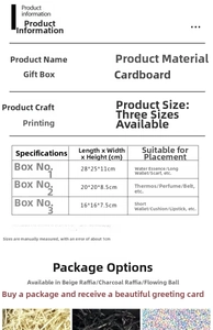 Detailed sizing chart for white flip-top gift boxes in three various dimensions