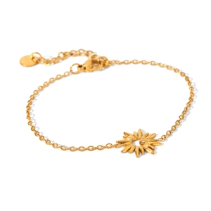 Detail of gold sunflower bracelet with metal chain and lobster clasp on white background