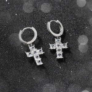 Sparkling S925 sterling silver cross drop earrings with high-grade 8A cubic zirconia stones