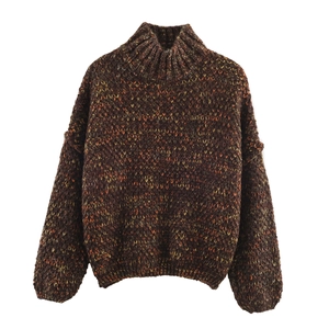 Women's oversized turtleneck sweater in chunky dark brown knit with colorful flecks