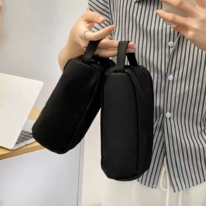Large capacity black nylon double layer pencil case with portable handle for students