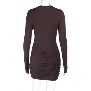 Detail view of deep coffee long sleeve dress featuring stylish ruched design on the back
