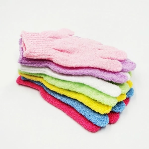 Colorful five-finger exfoliating bath gloves in assorted candy colors for skin scrubbing