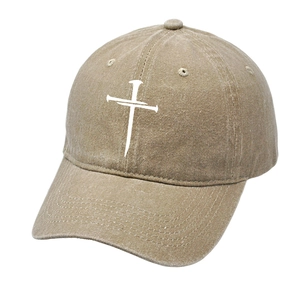 Khaki vintage washed baseball cap with white embroidered cross design on front
