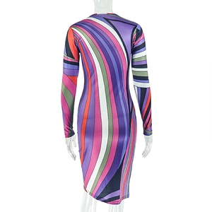 Rear view of striped bodycon dress with vibrant multicolored abstract fluid patterns