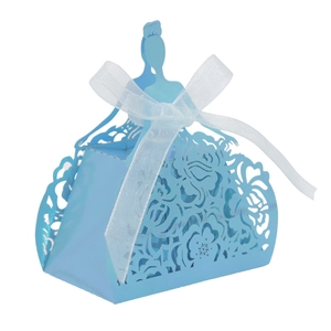 Detailed laser-cut hollow blue wedding favor box in elegant princess dress silhouette