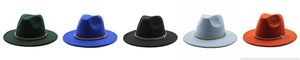 Flat brim wool fedora hats in five colors with decorative gold metal chain detail