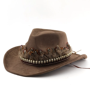 Brown faux suede cowboy hat with feather band and gold beads in a classic western style