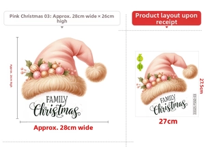 Détail du sticker mural bonnet de Noël rose avec texte FAMILY Christmas et dimensions