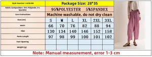 Detailed size chart for striped straight-leg pleated pants with fabric and care info
