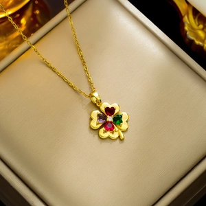 Lucky four-leaf clover necklace with colorful zircon stones in a gold finish