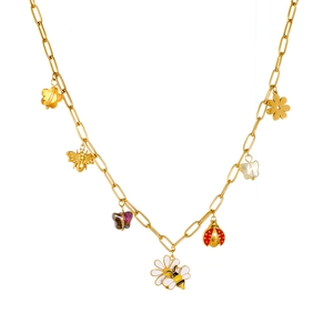 Chic gold-plated paperclip necklace featuring colorful enamel bees and butterfly charms