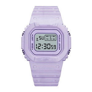 Detail of square purple LED digital watch screen with calendar and time display