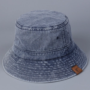 Vintage Washed Denim Bucket Hat Retro Distressed Cotton Sunshade Basin Cap With Leather Patch For Men Women
