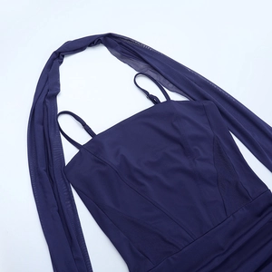 Detail of navy blue bodycon dress featuring sheer mesh paneling and ribbon accessory