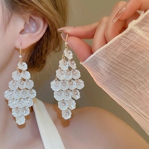 Long Tassel Dangle Earrings Acrylic Shell Petal Zircon Inlaid Elegant Vintage With Silver Earring Post For Women