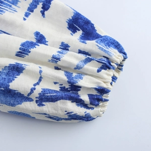 Boho V-Ausschnitt Blumenkleid mit Puffärmeln und elastischen Bündchen in Blau-Weiß