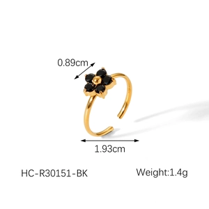 Detail of gold flower ring with black zircon petals measuring 0.89cm and weighing 1.4g