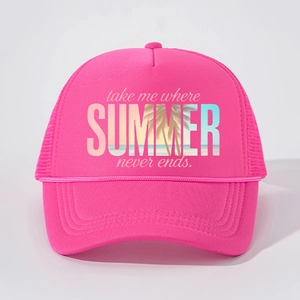 Pink trucker hat with Summer sunset print and adjustable mesh back for women