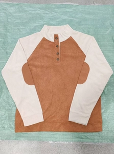 Detail of half-placket button closure and corduroy texture on men's color-block sweatshirt