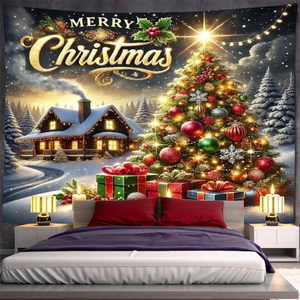 Detailed view of Christmas tapestry with snow cabin and tree in cozy bedroom setting