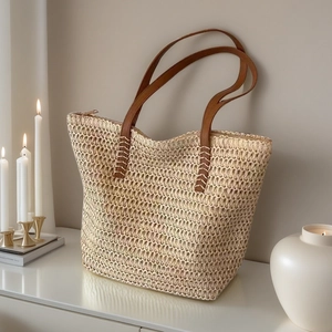 Straw Woven Tote Bag Summer Beach Vacation Shoulder Handbag Large Capacity Paper Woven With Leather Straps For Women