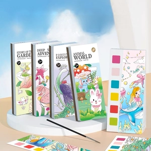Portable children's watercolor painting book set with built-in pigments and brush detail