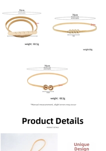 Detailed size specifications for elastic gold metal waist belts with three buckle styles