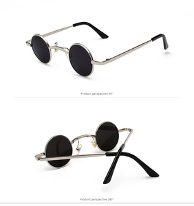 Side and top view detail of vintage steampunk round sunglasses with metallic frames