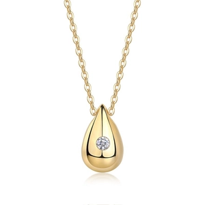 Elegant gold teardrop necklace with a sparkling round zircon stone on white background