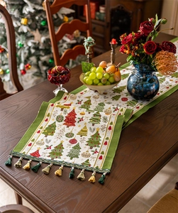 Macro detail of Christmas tree jacquard pattern with festive tassel fringe on table runner