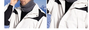 Detail of windproof hiking jacket collar and thick ribbed knit winter neck warmer