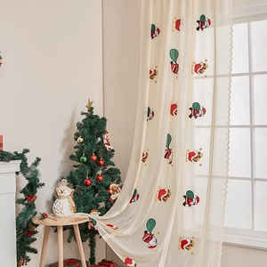 Christmas Santa Claus embroidered lace semi-sheer curtain for holiday home decoration