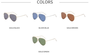 Multiple color options for aviator sunglasses featuring gold and silver frames with dark lenses