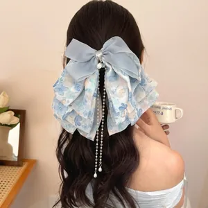 Floral Bow Hair Claw Chiffon Organza Ponytail Clip Long Artificial Pearl Tassel Crystal Pendant Elegant Korean Style For Women