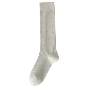 Classic oatmeal light grey ribbed cotton knee high socks with minimalist vertical striped texture