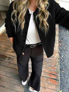 Women's black textured long sleeve button cardigan for casual vacation and autumn wear