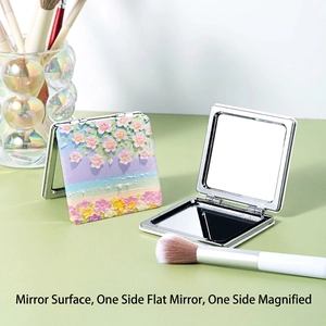 Portable folding makeup mirror with cherry blossom oil painting and double-sided view