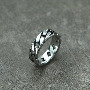 Close-up of a silver Cuban link chain ring made of durable stainless steel for men