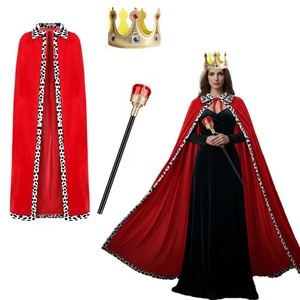 Halloween King costume set with red velvet cloak, golden crown, and scepter for cosplay