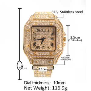 Hip hop gold stainless steel square watch with Roman numerals and Austrian crystals